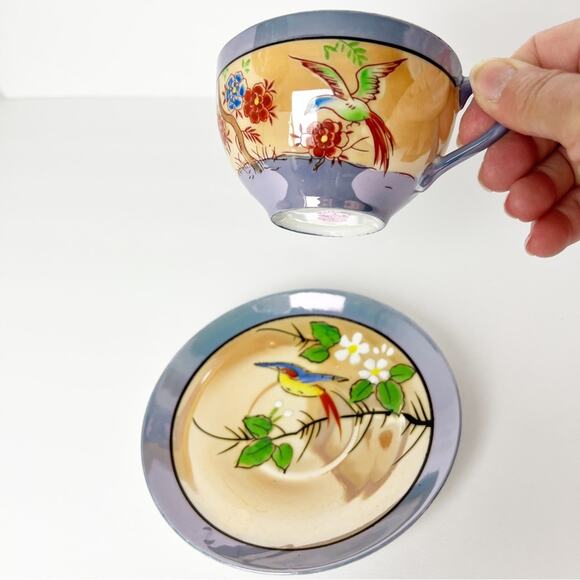 Vintage Chikaramachi Lavender & Peach Bird Floral Hand Painted Teacup Saucer Set - Picture 2 of 15